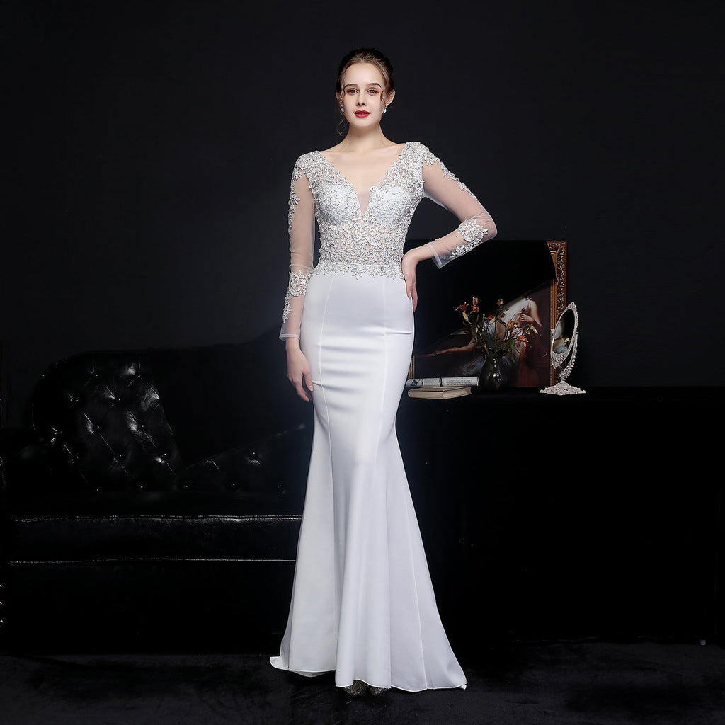 Floral Lace Illusion Long Sleeve Mermaid Trumpet Formal Gown