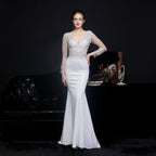 Floral Lace Illusion Long Sleeve Mermaid Trumpet Formal Gown