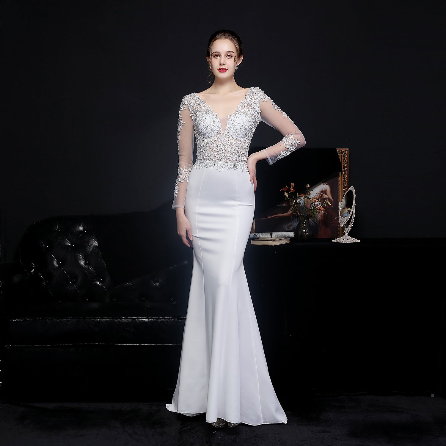 Floral Lace Illusion Long Sleeve Mermaid Trumpet Formal Gown