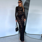 Sheer Floral Lace Long Sleeve Crew Neck Column Maxi Dress