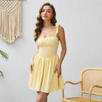 Square Neck Ruched Bust Bow Strap Corset Fit and Flare Mini Dress