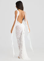 Lace Spaghetti Strap Square Neck Bow Back Streamer Bodycon Maxi Dress