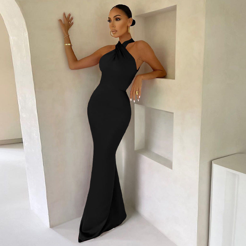 Satin Twist Front Halter Neck Bodycon Maxi Cocktail Dress