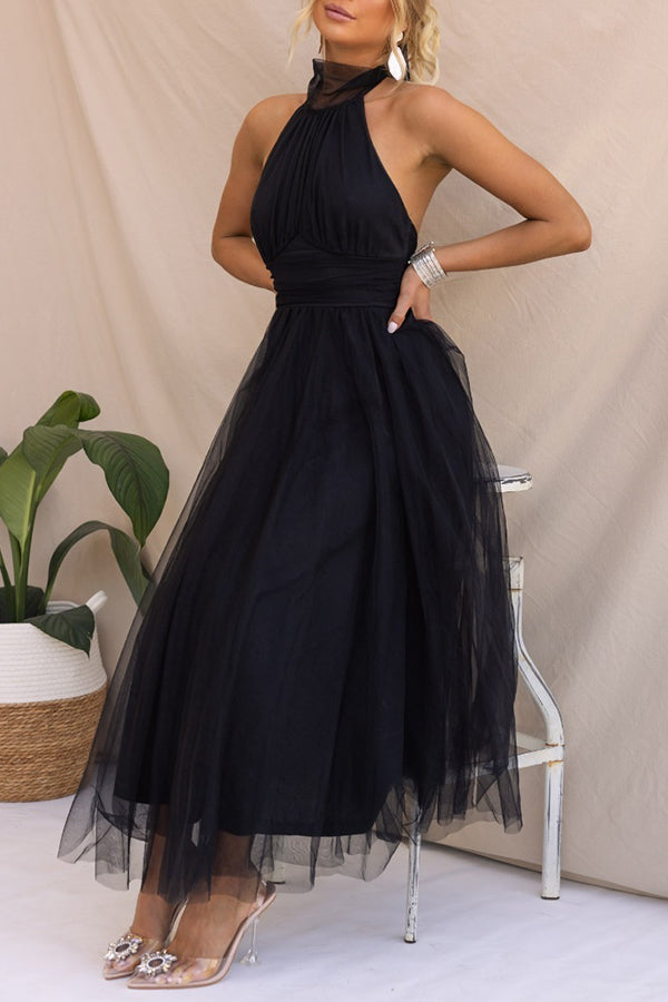 Fairy Vibes Tulle Gathered Detail Halter Maxi Dress