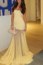 Solid Color Sleeveless Off-shoulder Mesh-paneled Fitted Maxi Dress