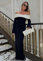Off Shoulder Fold Over Collar Contrast Long Sleeve Bodycon Maxi Dress