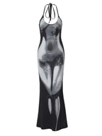 Halter Neck Trompe L'Oeil Body Print Water Droplet Maxi Dress