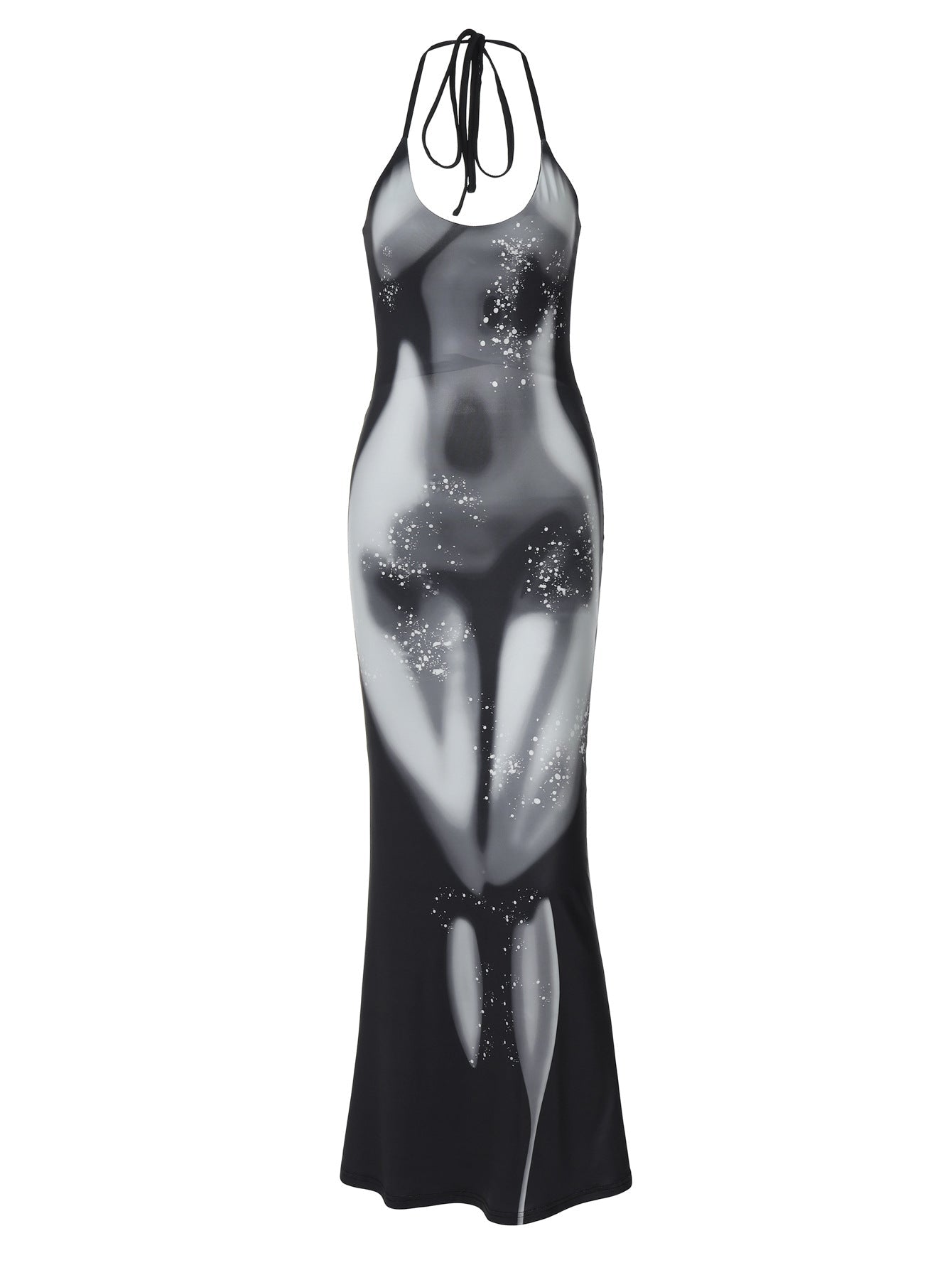 Halter Neck Trompe L'Oeil Body Print Water Droplet Maxi Dress