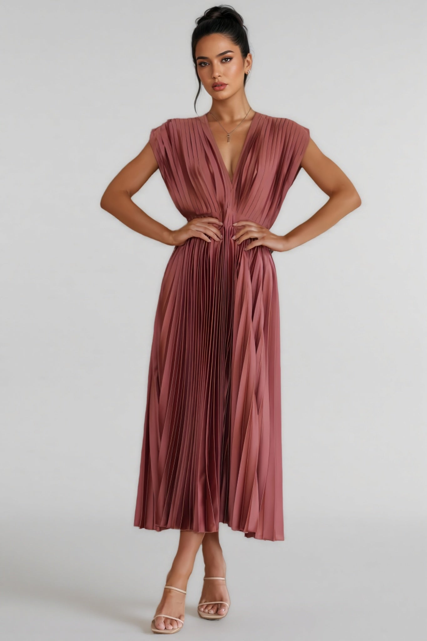 Hova Sleeveless Pleated Maxi Dress-Brick Red
