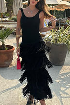 Solid Color Sleeveless Slim Fit Fringed Hem Knitted Midi Dress