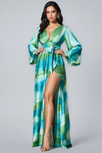 Selare Printed Bubble Sleeve Split Maxi Dress