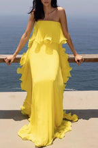 Reina Chiffon Pleated Wavy Ruffles Trim Strapless Loose Maxi Dress
