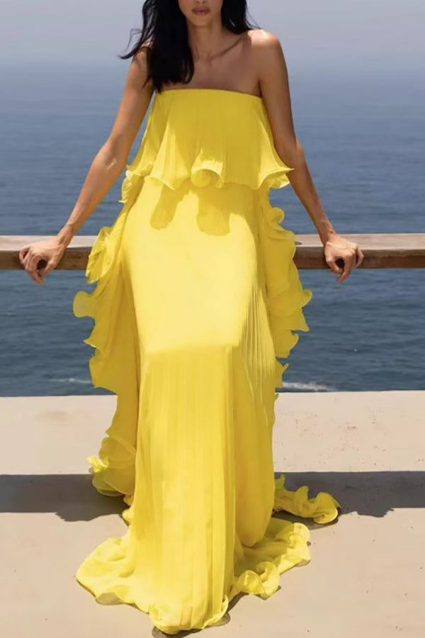 Reina Chiffon Pleated Wavy Ruffles Trim Strapless Loose Maxi Dress