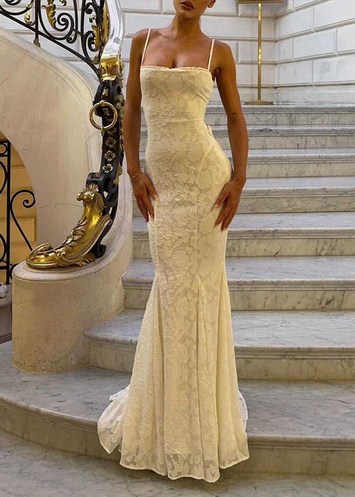 Spaghetti Strap Lace Overlay Mermaid Maxi Dress