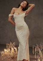 Off Shoulder Corset Bustier Floral Jacquard Ruched Mermaid Maxi Gown