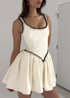 Boucle Tweed Scoop Neck Braided Trim Basque Waist Flared Mini Dress