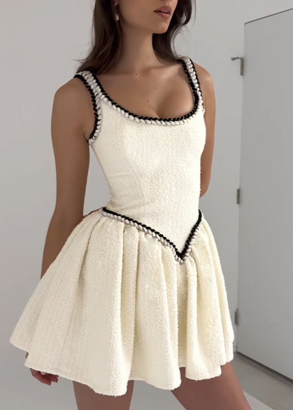Boucle Tweed Scoop Neck Braided Trim Basque Waist Flared Mini Dress