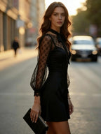 Lace Puff Sleeve Bow Tie Neck Deep V-Neck Fit and Flare Mini Dress