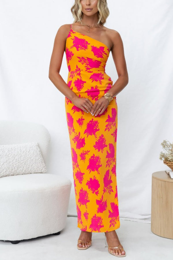 Right Time Floral Print One Shoulder Slit Party Maxi Dress