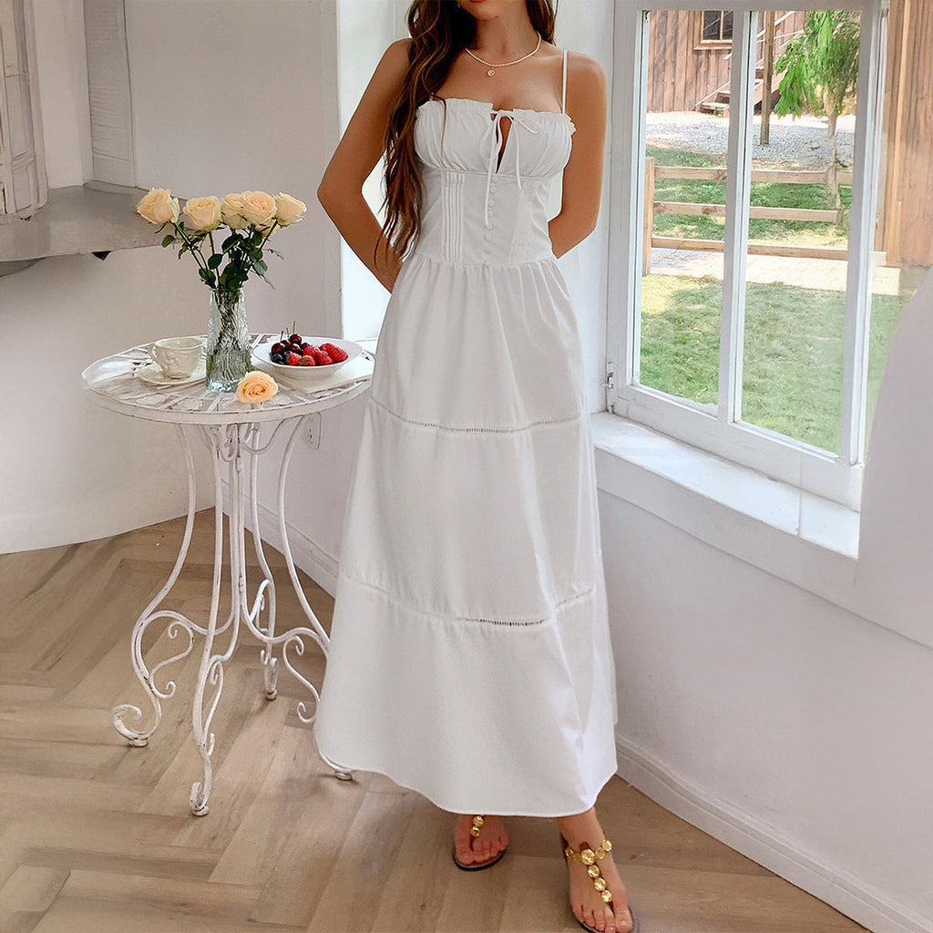 Spaghetti Strap Corset Bodice Bow Tie Tiered Pintuck Midi Dress