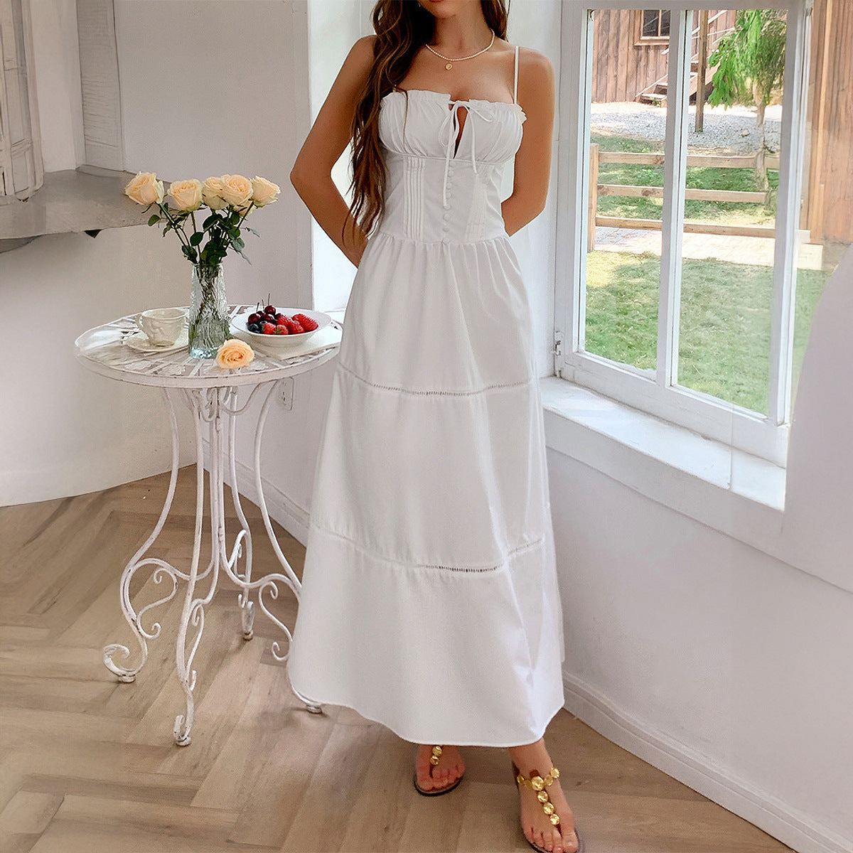 Spaghetti Strap Corset Bodice Bow Tie Tiered Pintuck Midi Dress