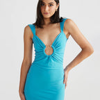 Deep V-Neck Ruched Circular Keyhole Metal Bead Wide Strap Bodycon Maxi Dress