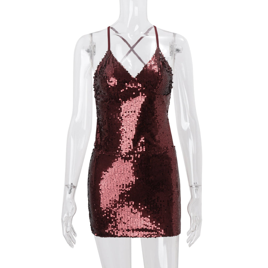 Sequin Deep V-Neck Spaghetti Strap Bodycon Mini Dress
