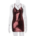 Sequin Deep V-Neck Spaghetti Strap Bodycon Mini Dress