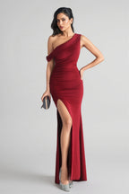 Umeko Burgundy One-Shoulder Pleated Maxi Dress