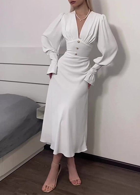 Deep V Neck Puff Sleeve Button Detail Structured Waist Midi Dress