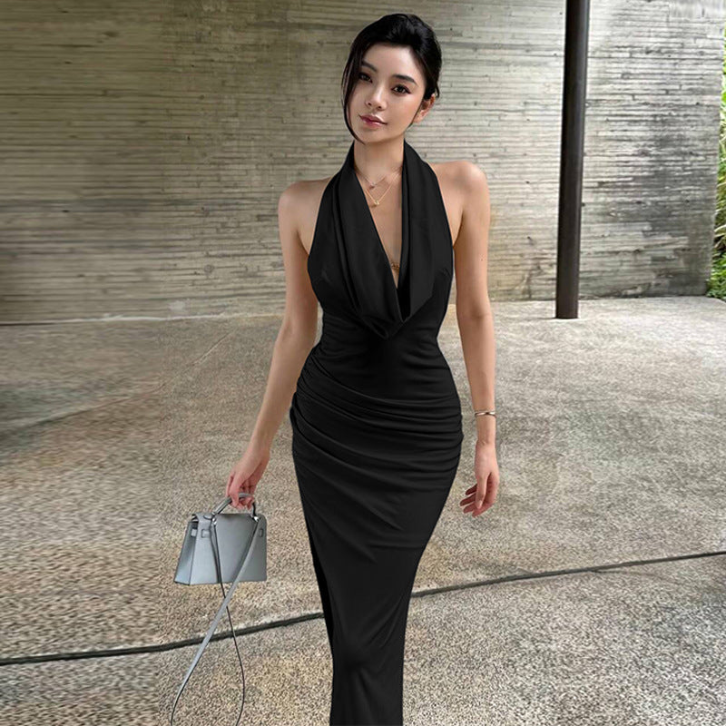 Ruched Halter Neck Deep V-Neck Backless Bodycon Maxi Dress