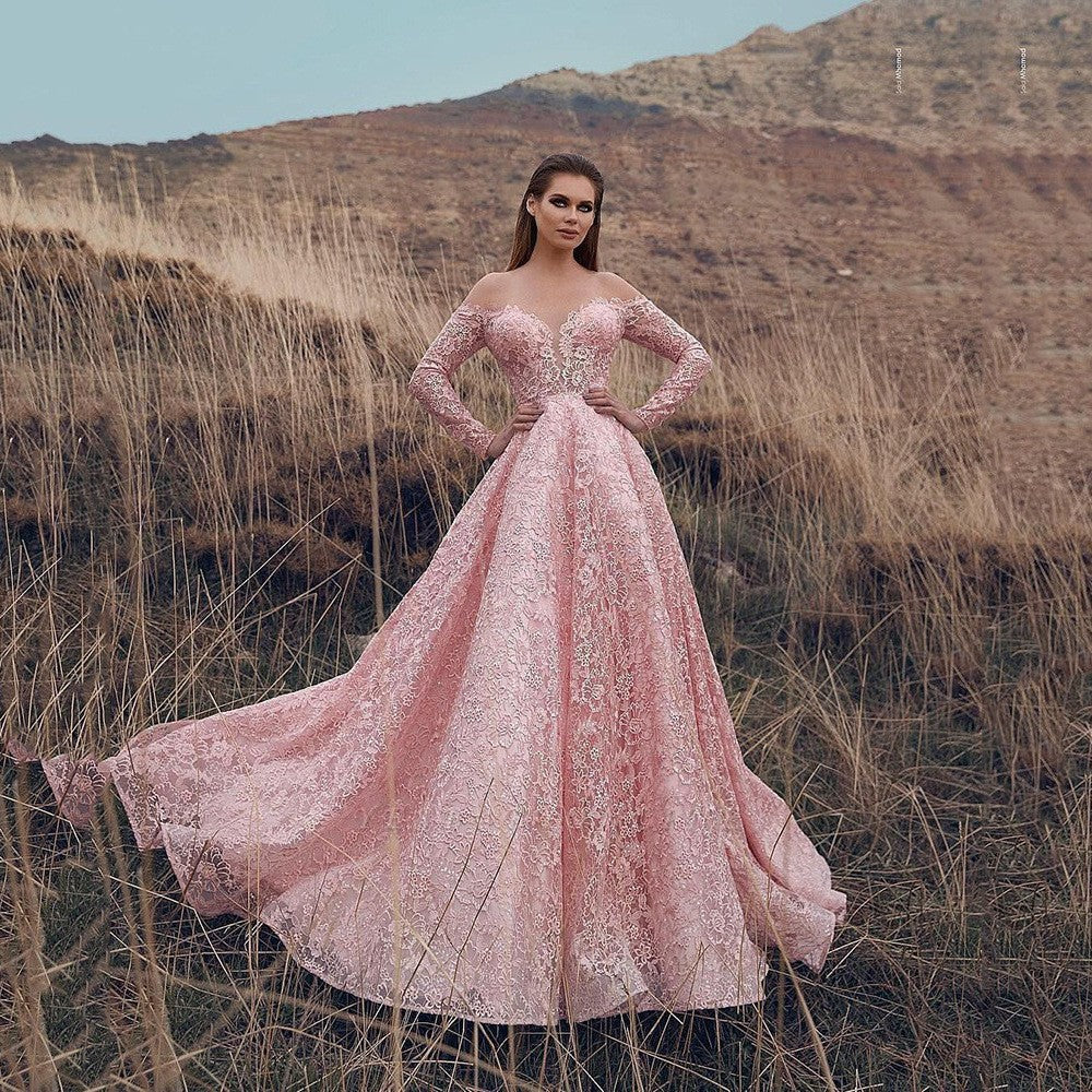 Off Shoulder Sweetheart Lace Long Sleeve Ball Gown