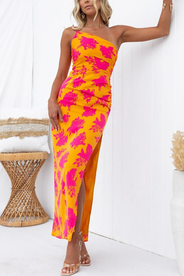 Right Time Floral Print One Shoulder Slit Party Maxi Dress