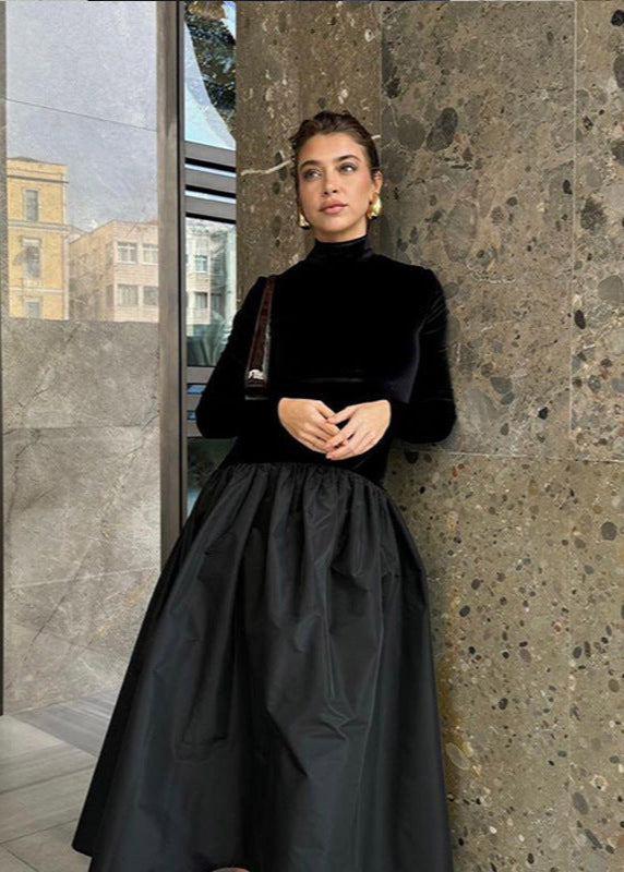 Velvet Mock Neck Long Sleeve Taffeta Puff Skirt Mixed Media Midi Dress