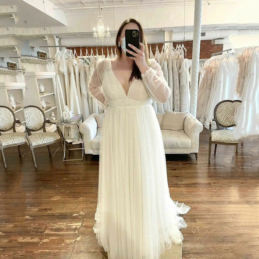 Deep V-Neck Bishop Sleeve Swiss Dot Tulle Mermaid Bridal Gown