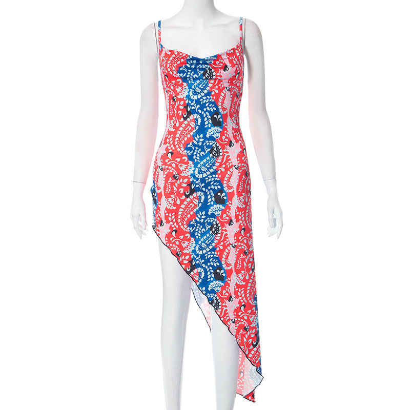 Elena Exclusive Women's Asymmetrical Summer Dress with Floral Pattern and Spaghetti Straps Boutique Collection