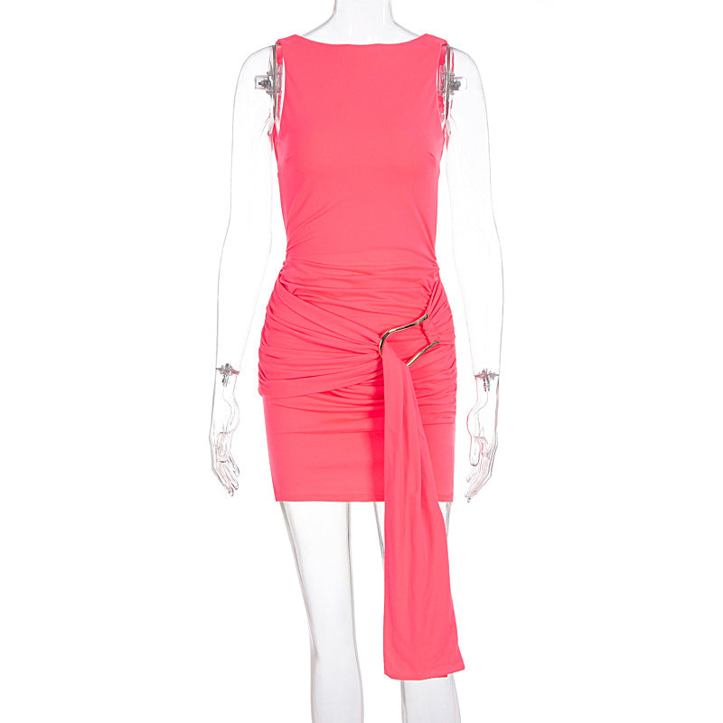Boat Neck Sleeveless Ruched Side Metal Buckle Drape Tail Mini Dress