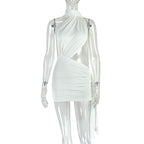 Halter Neck One Shoulder Cut Out Ruched Pleated Sash Asymmetric Mini Dress