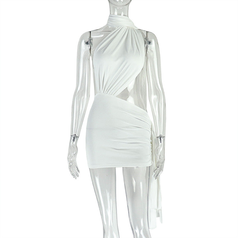 Halter Neck One Shoulder Cut Out Ruched Pleated Sash Asymmetric Mini Dress