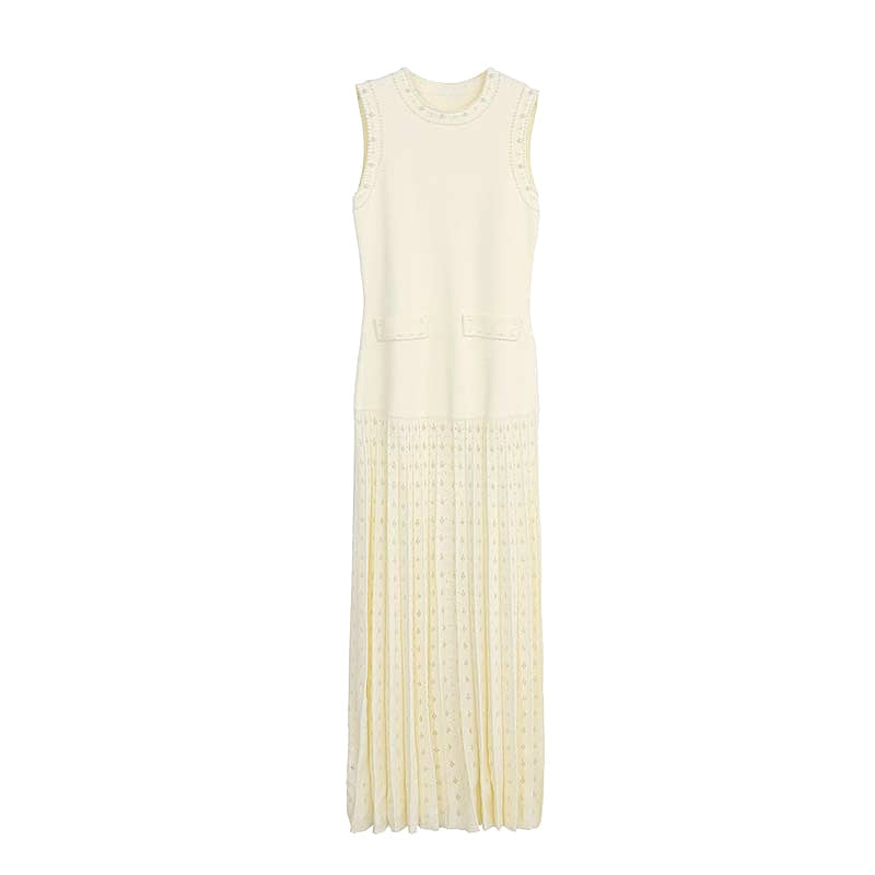 Pearl Trim Drop Waist Pointelle Pleated Skirt Crew Neck Knit Midi Dress