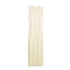 Pearl Trim Drop Waist Pointelle Pleated Skirt Crew Neck Knit Midi Dress