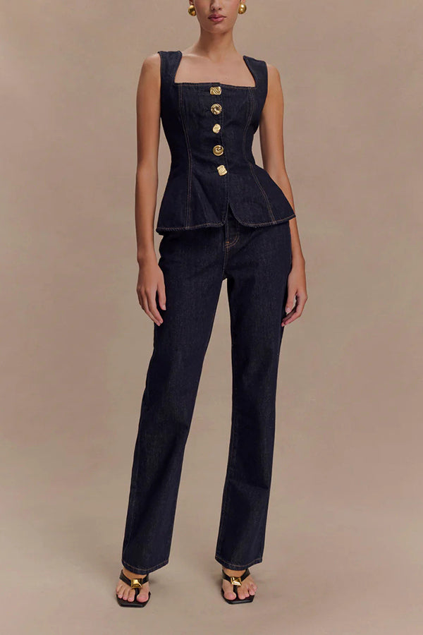 Stassi Denim High Waist Pocketed Straight Leg Jeans