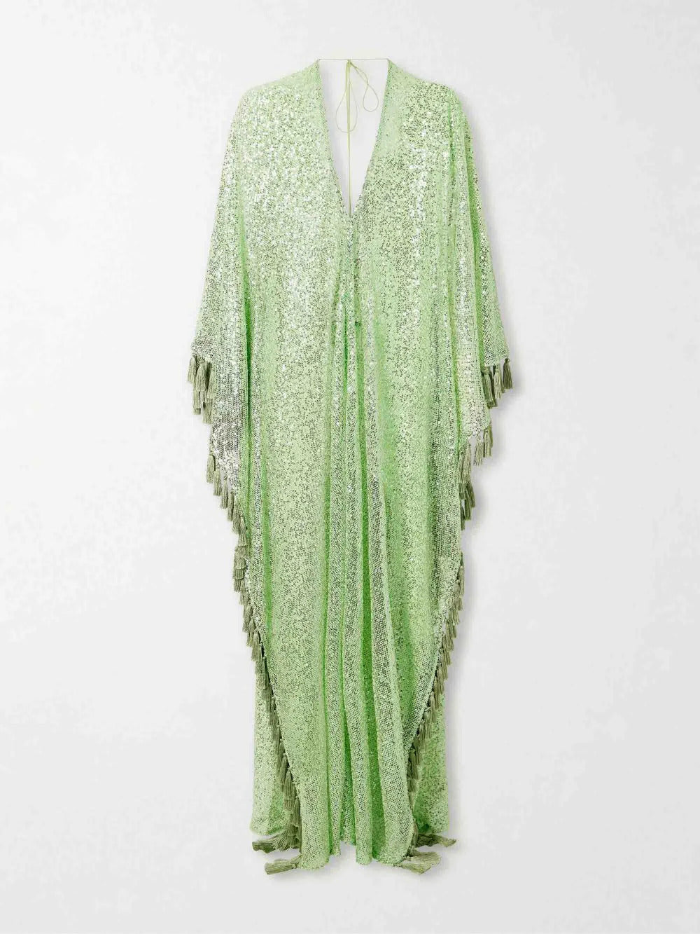 Gianna Sequin Deep V-neck Batwing Sleeve Fringed Trim Slit Gown Maxi Dress