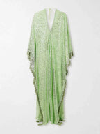 Gianna Sequin Deep V-neck Batwing Sleeve Fringed Trim Slit Gown Maxi Dress