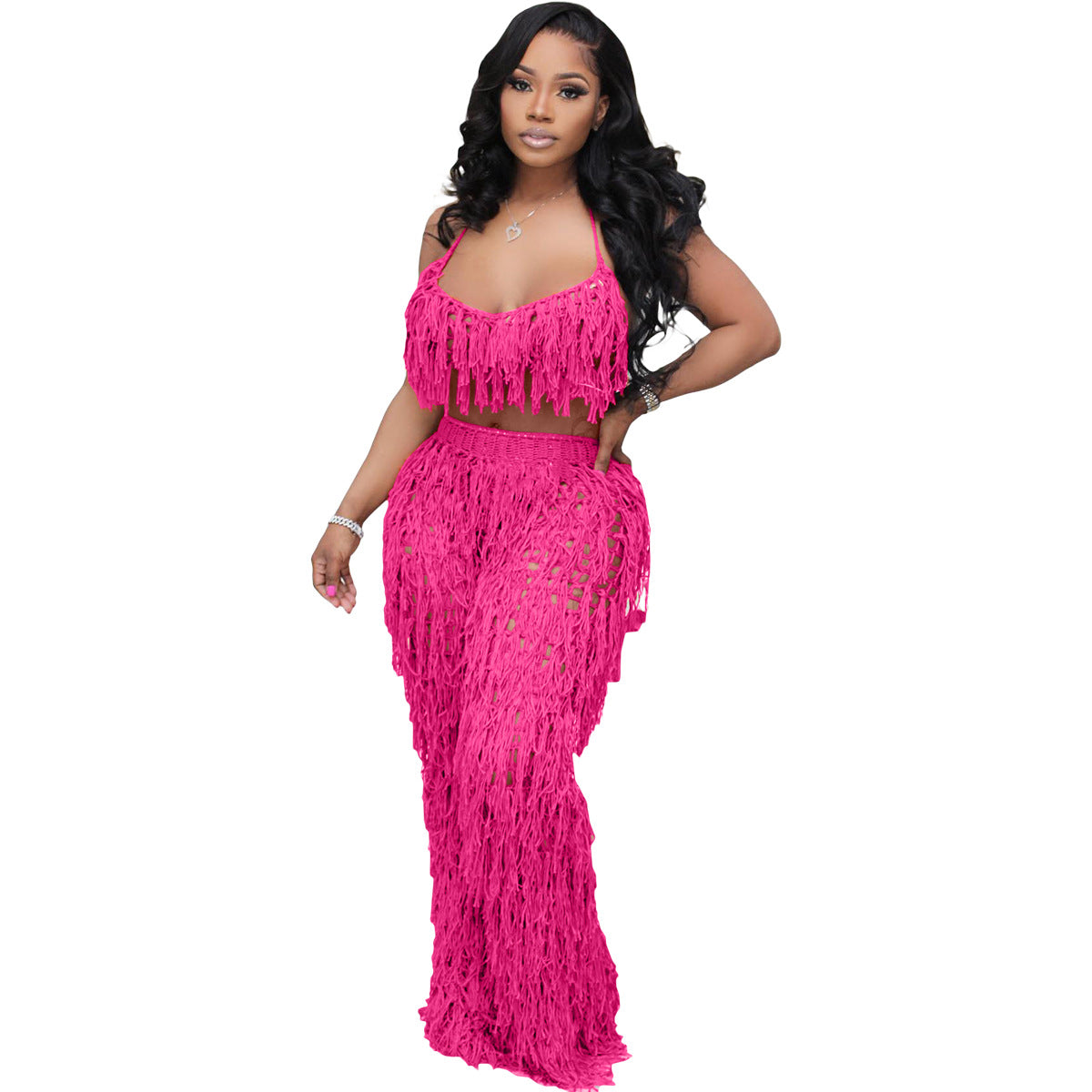 Sexy See through Crochet Tassel Beach Suit