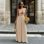 Vertical Stripe Halter Neck Deep V Neck Contrast Trim High Waist Maxi Dress