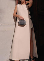 High Neck Side Button Thigh Slit Sleeveless Maxi Dress