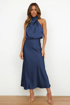 Halter Cowl Neck Sleeveless Satin Bias Cut Midi Dress