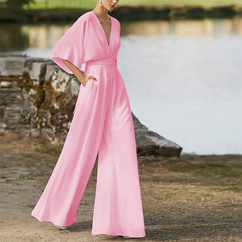 Deep V Plunge High Waist Wide Leg Trousers