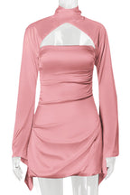 Swan Backless Halter Draped Satin Mini Dress - Pink
